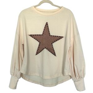 Cream Studded Star Long sleeve Tee Oversized Western Boho Cowgirl Small